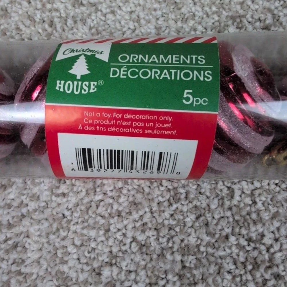 Christmas House 5pc‎ Swirl Glitter Bauble Ornaments Red Pink Gold String